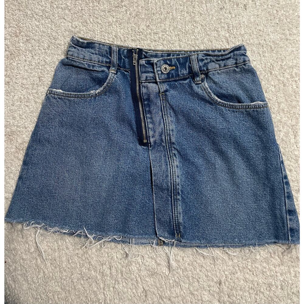 Zara TRF Denim IX'D Makers Mini Skirt Womens Small Asymmetrical Jean Frayed Hem